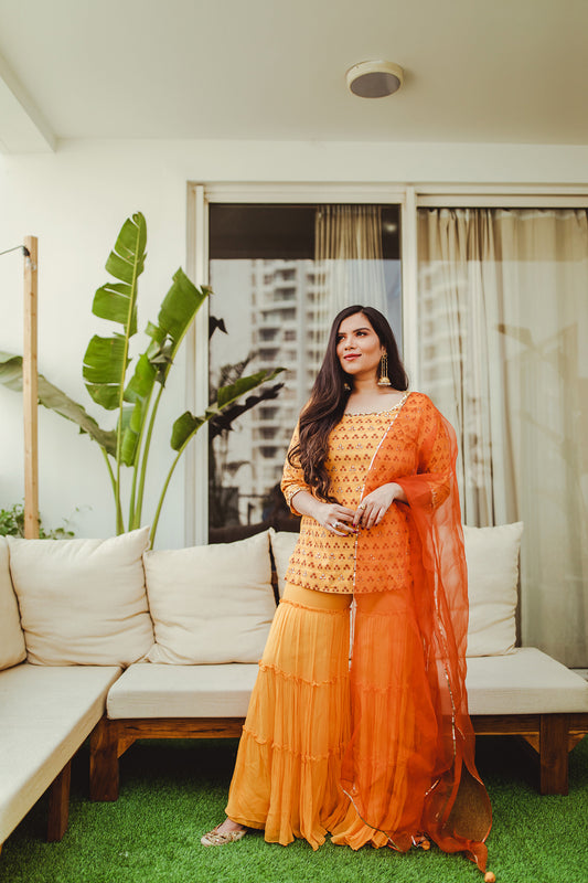 Pupul Pachauri In Saffron Silk Tiered Sharara Set