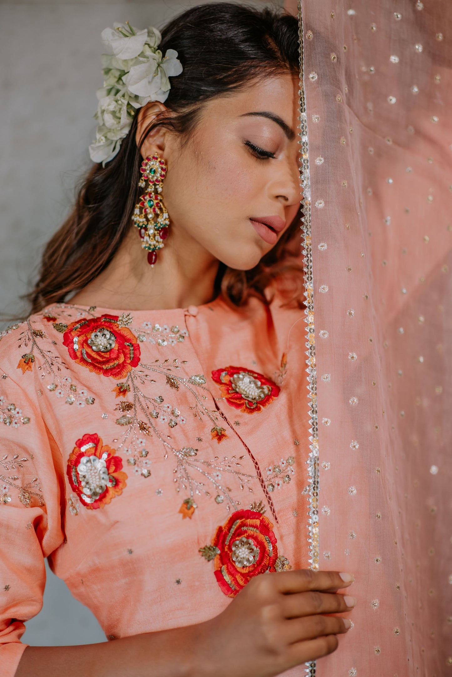 Peach Silk Embroidered Straight Kurta Set