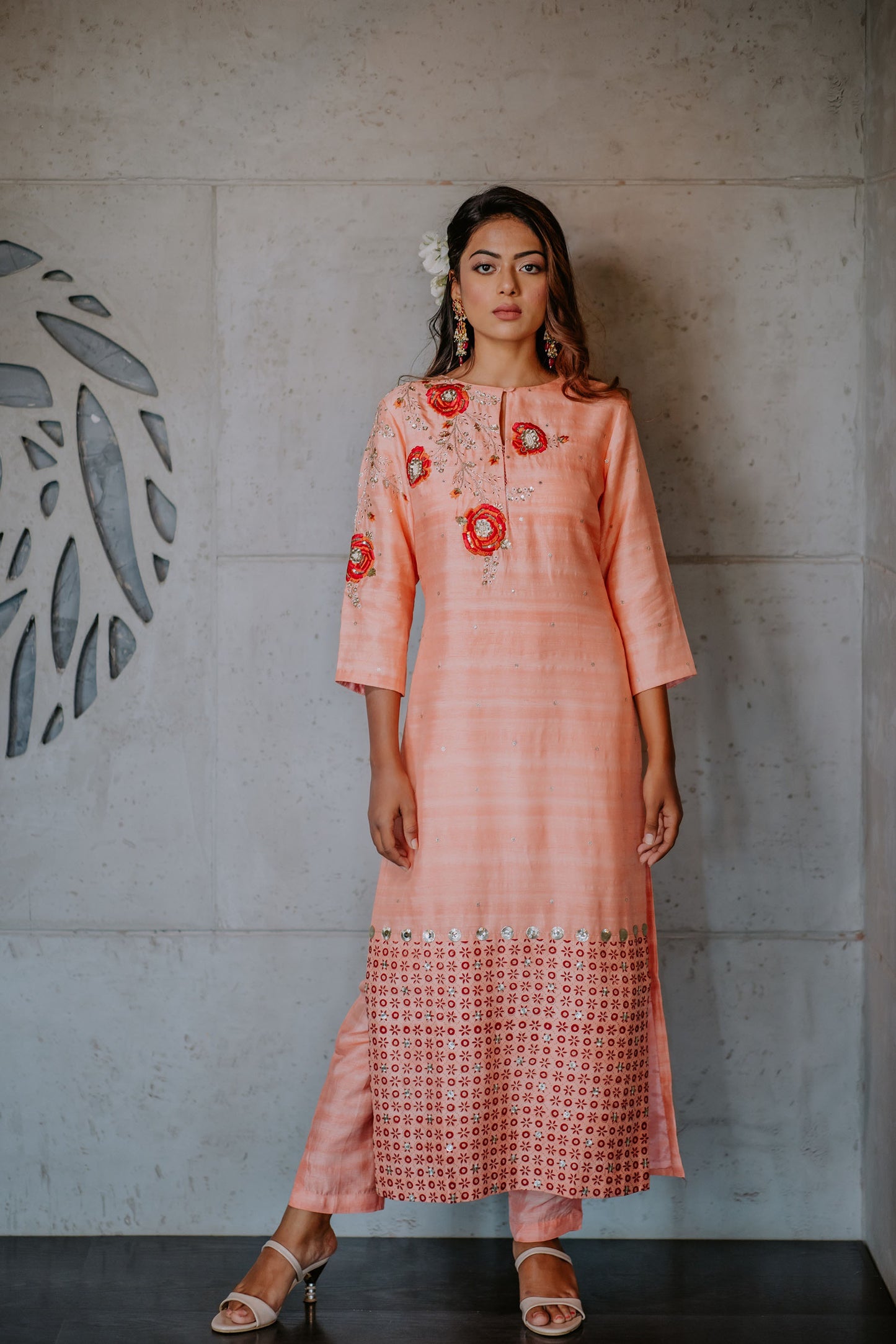 Peach Silk Embroidered Straight Kurta Set