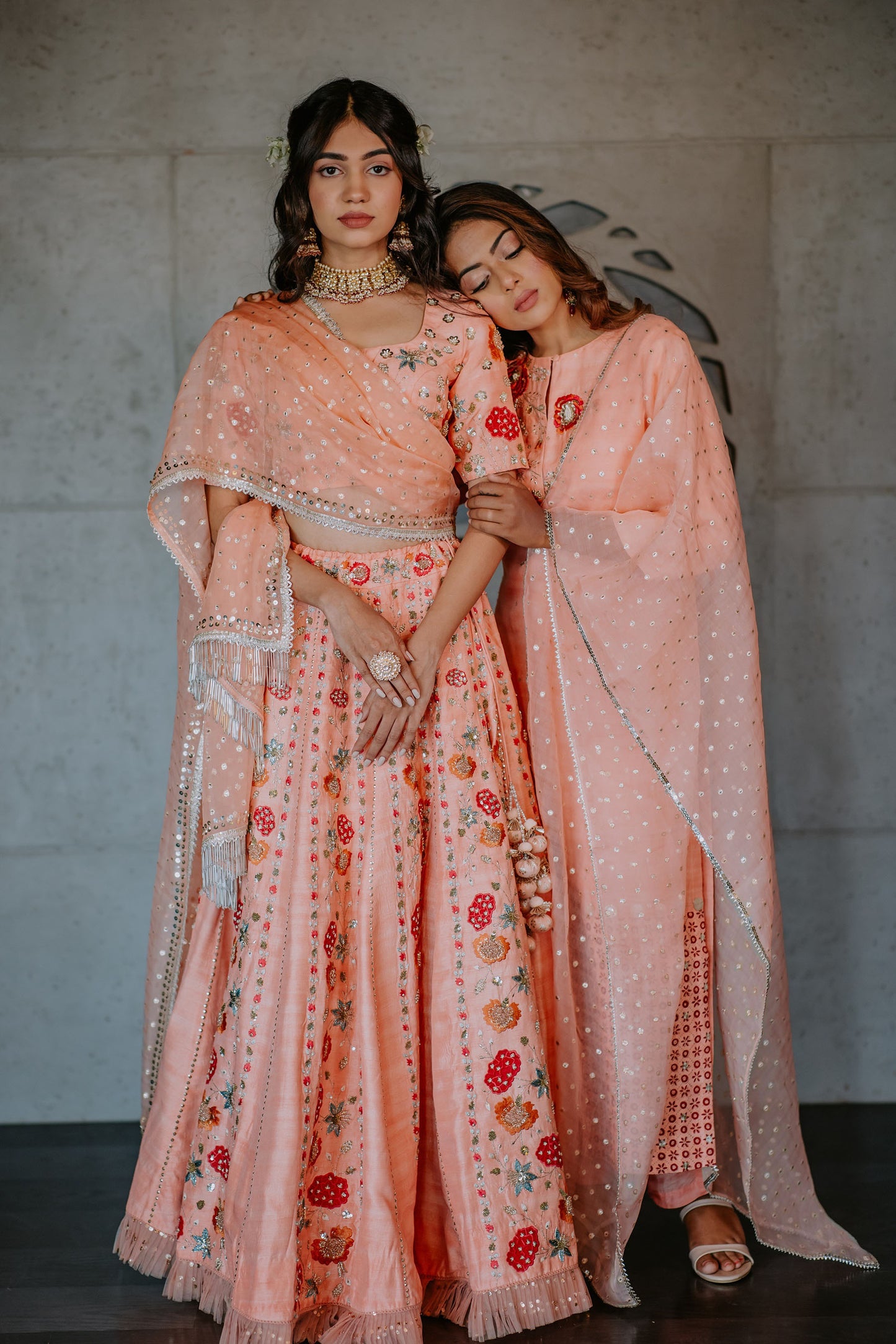 Peach Silk Floral Embroidered Lehenga Set