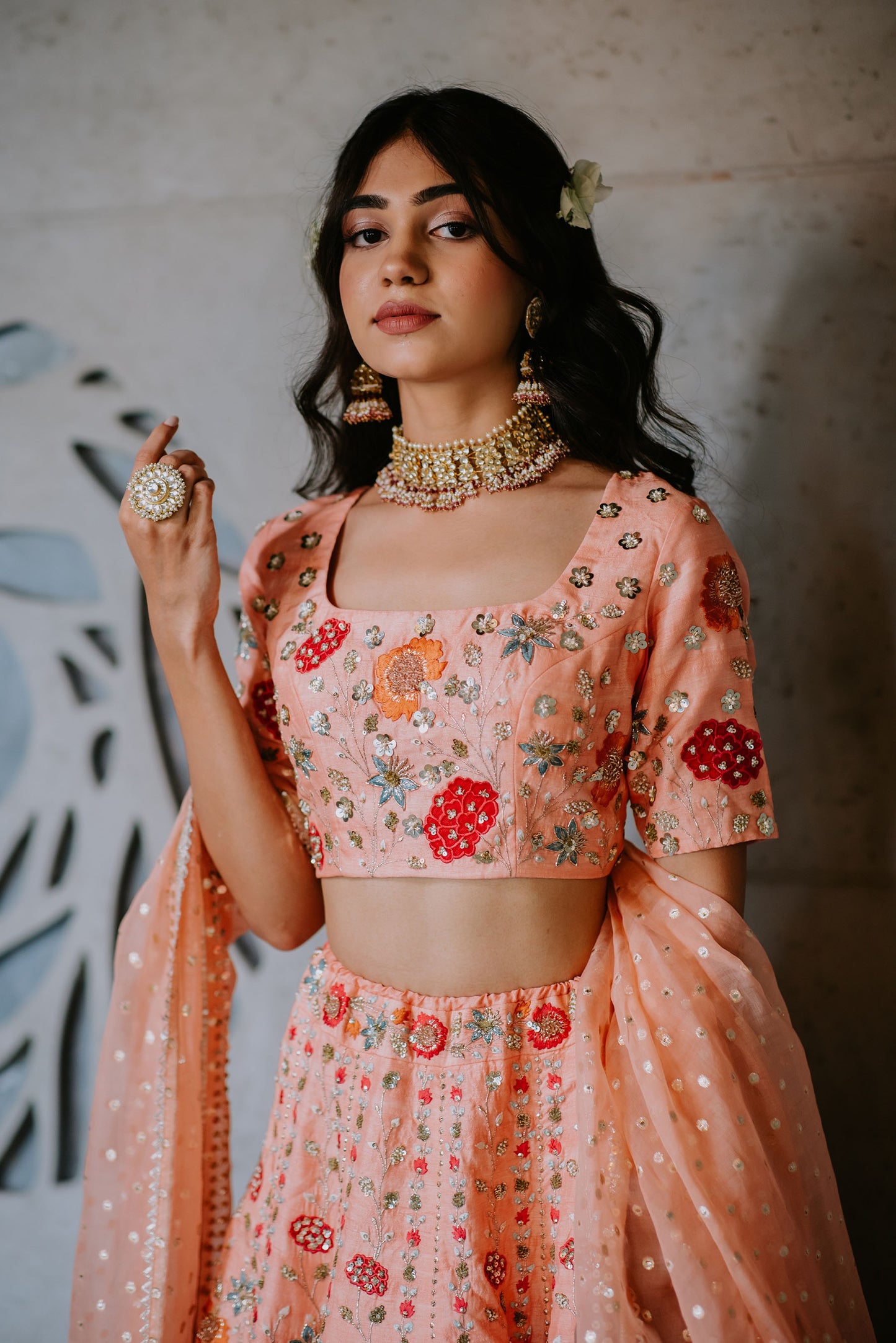 Peach Silk Floral Embroidered Lehenga Set