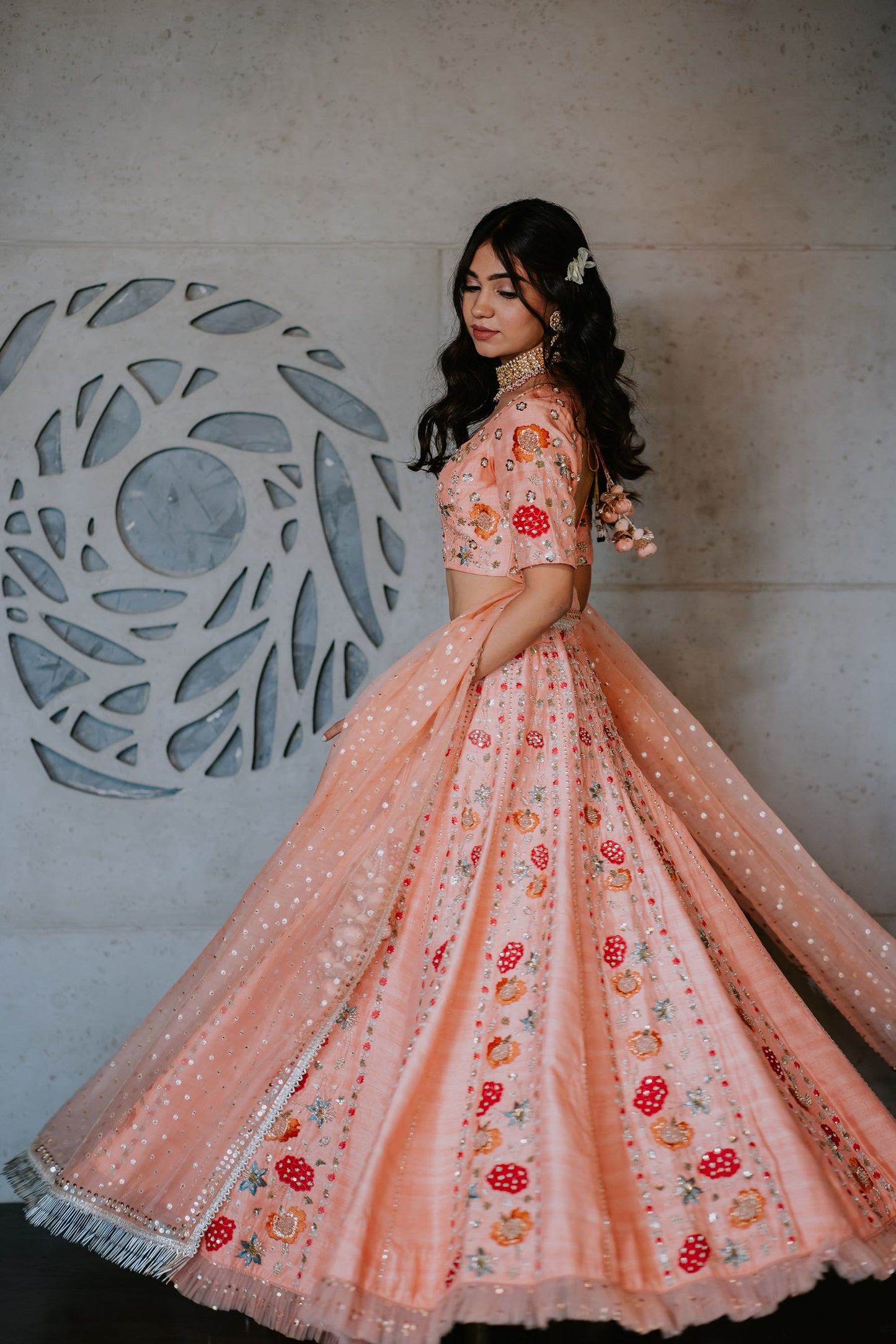 Peach Silk Floral Embroidered Lehenga Set