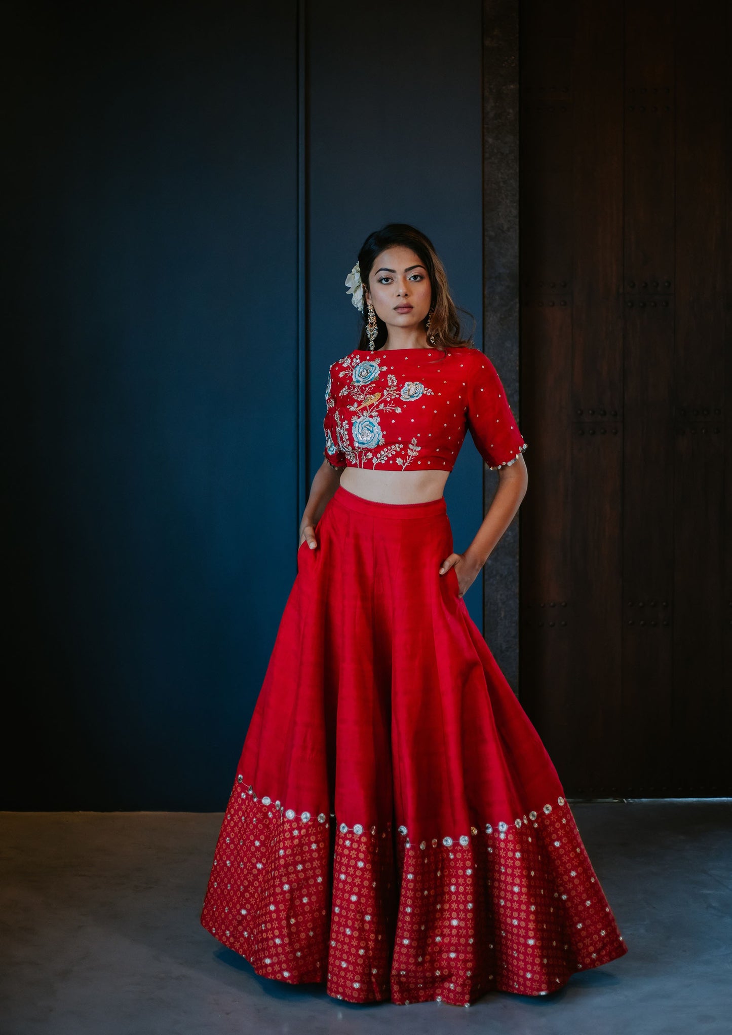 Cherry Red Silk Embroidered Crop Top Skirt Set