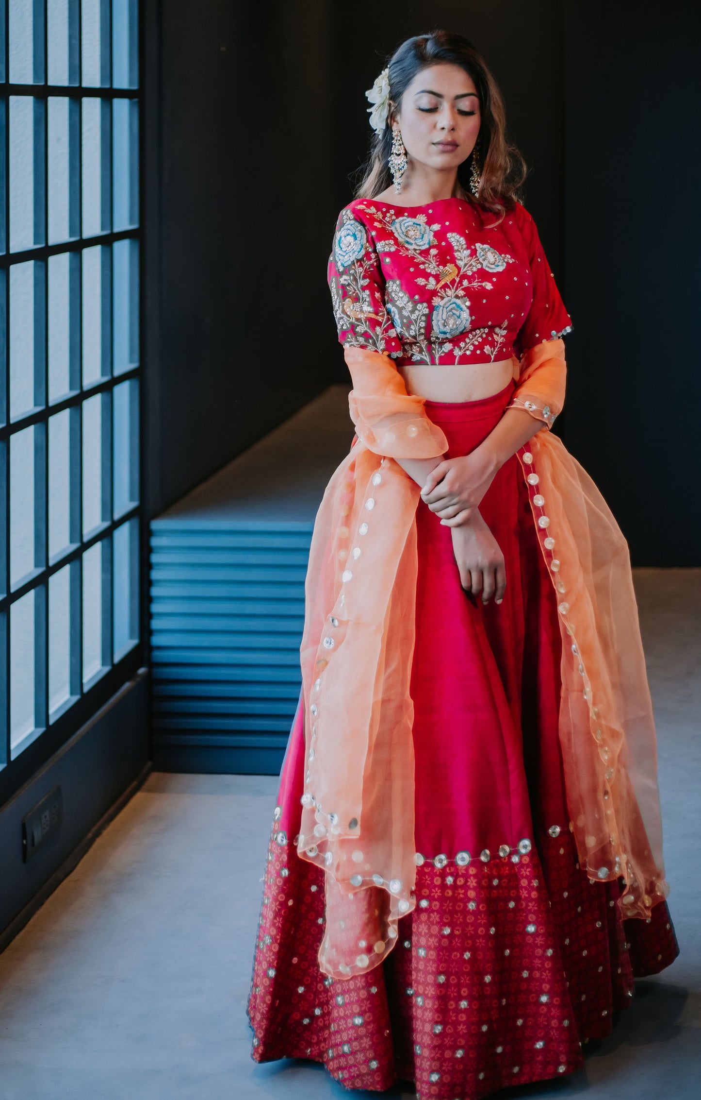 Cherry Red Silk Embroidered Crop Top Skirt Set