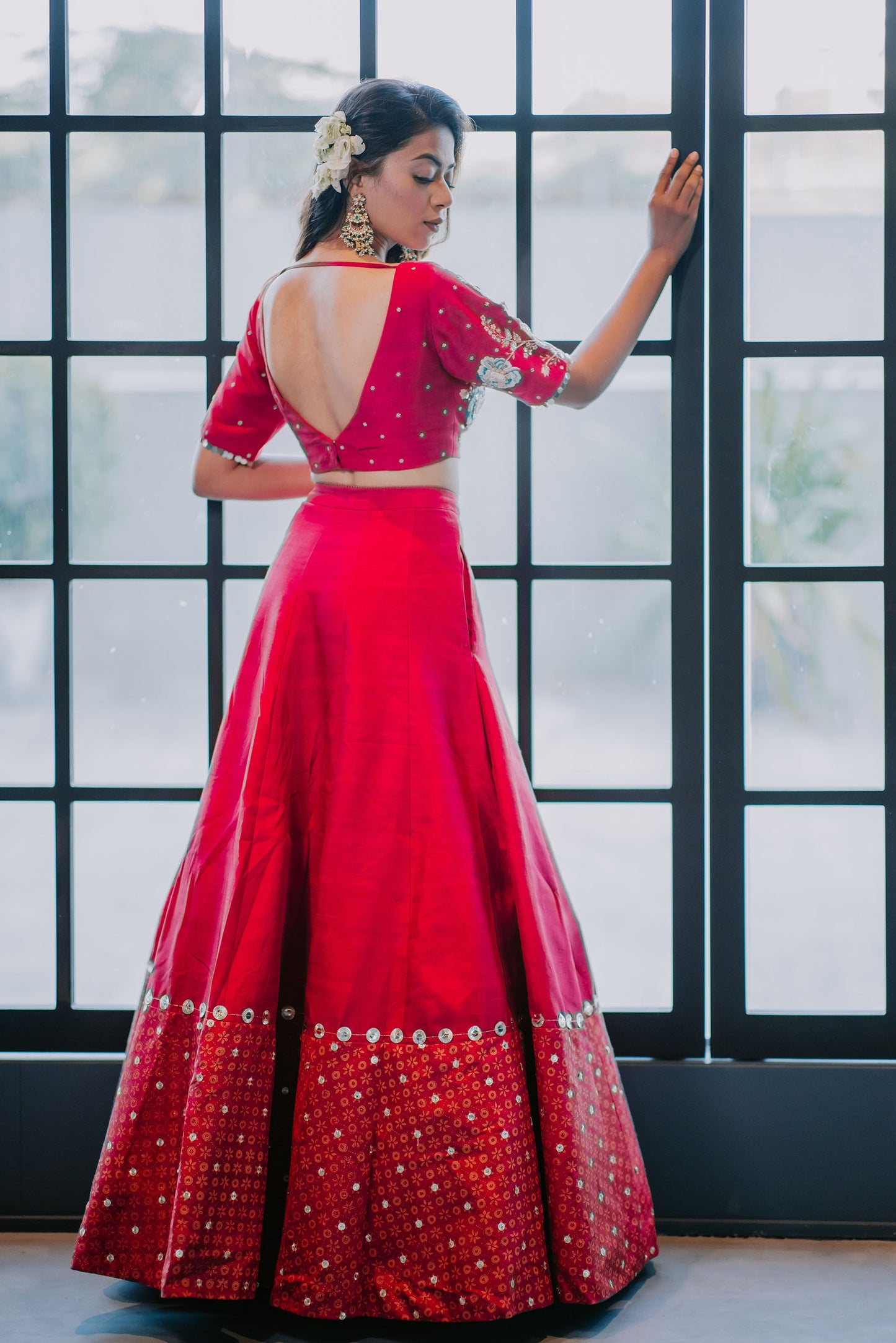 Cherry Red Silk Embroidered Crop Top Skirt Set