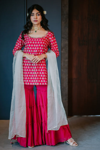 Cherry Red Silk Tiered Sharara Set