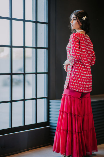 Cherry Red Silk Tiered Sharara Set