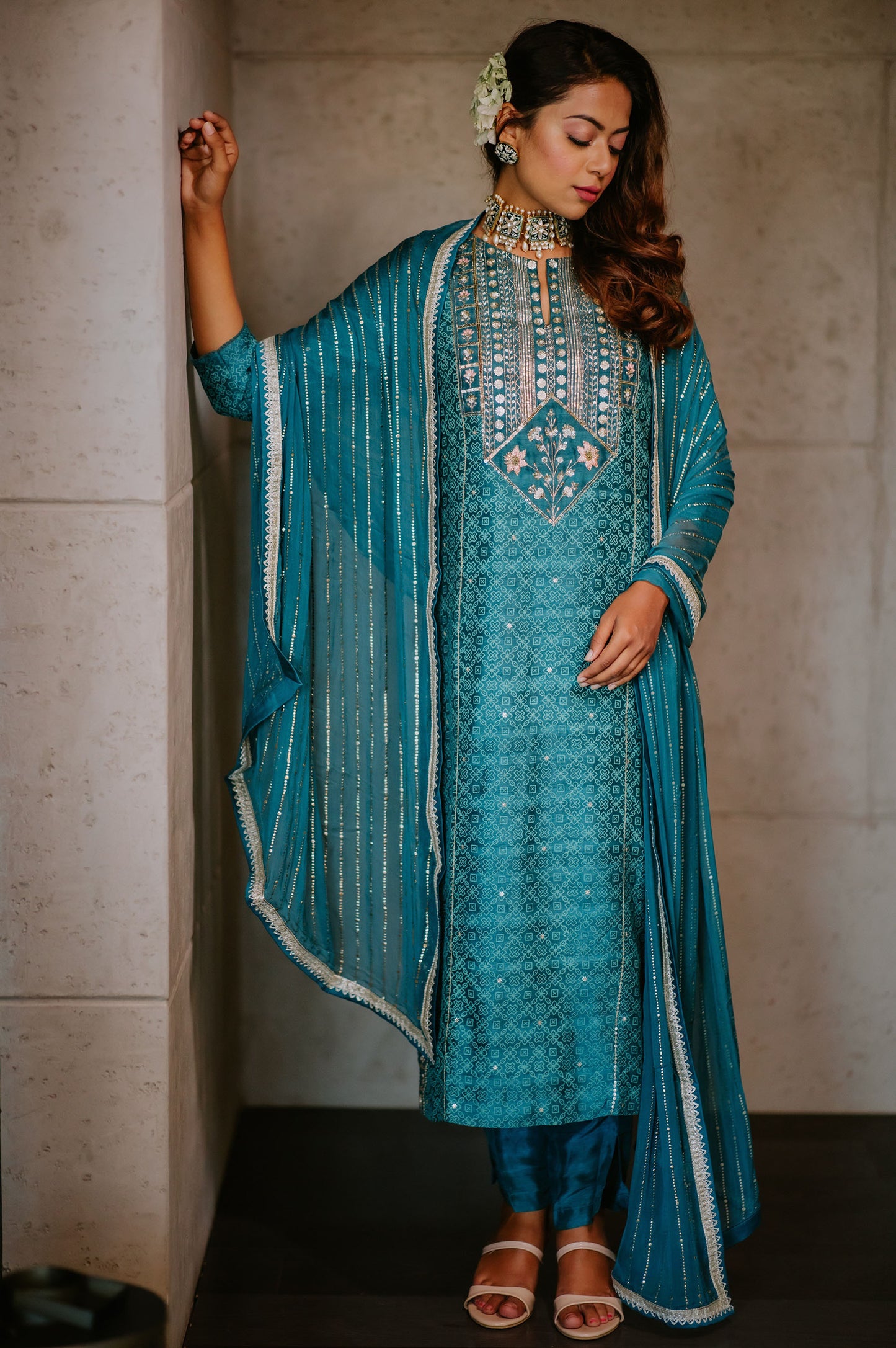 Teal Silk Printed And Embroidered Straight Kurta Set