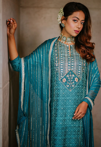 Teal Silk Printed And Embroidered Straight Kurta Set