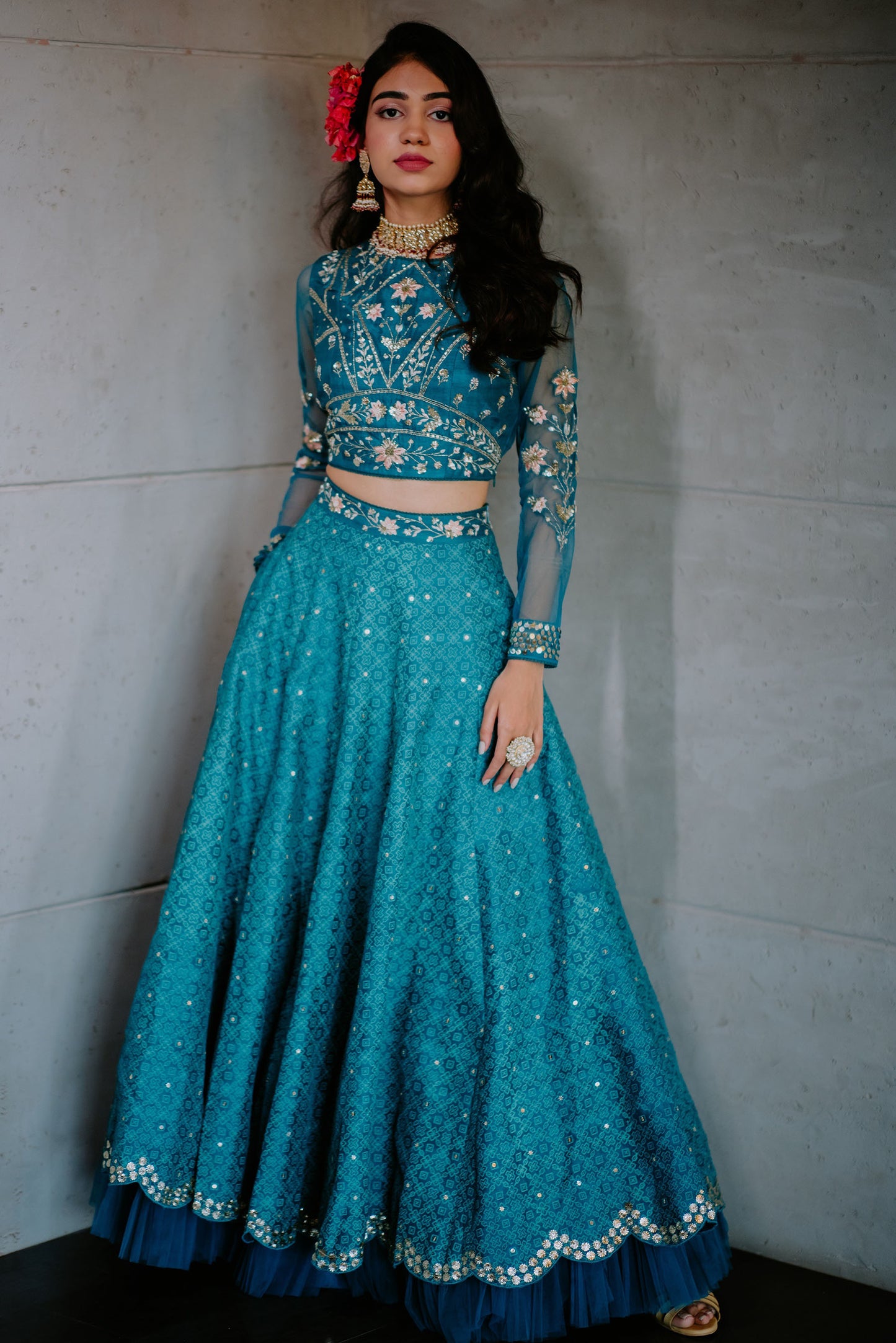 Teal Silk Embroidered Scalloped Lehenga Set