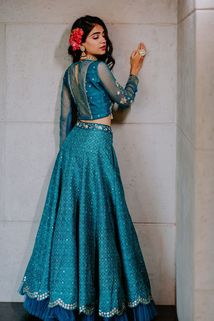 Teal Silk Embroidered Scalloped Lehenga Set