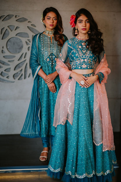 Teal Silk Embroidered Scalloped Lehenga Set