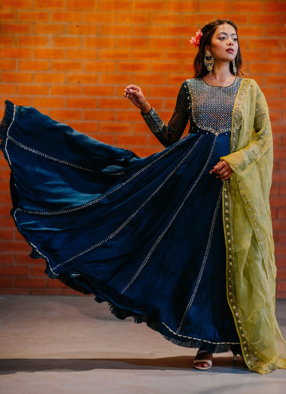 Indigo Kalidaar Embroidered Anarkali Set