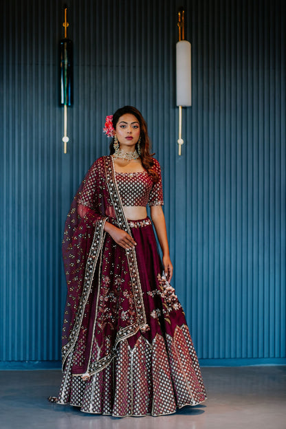 Plum Silk Banarasi Embroidered Lehenga Set