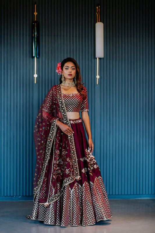 Plum Silk Banarasi Embroidered Lehenga Set