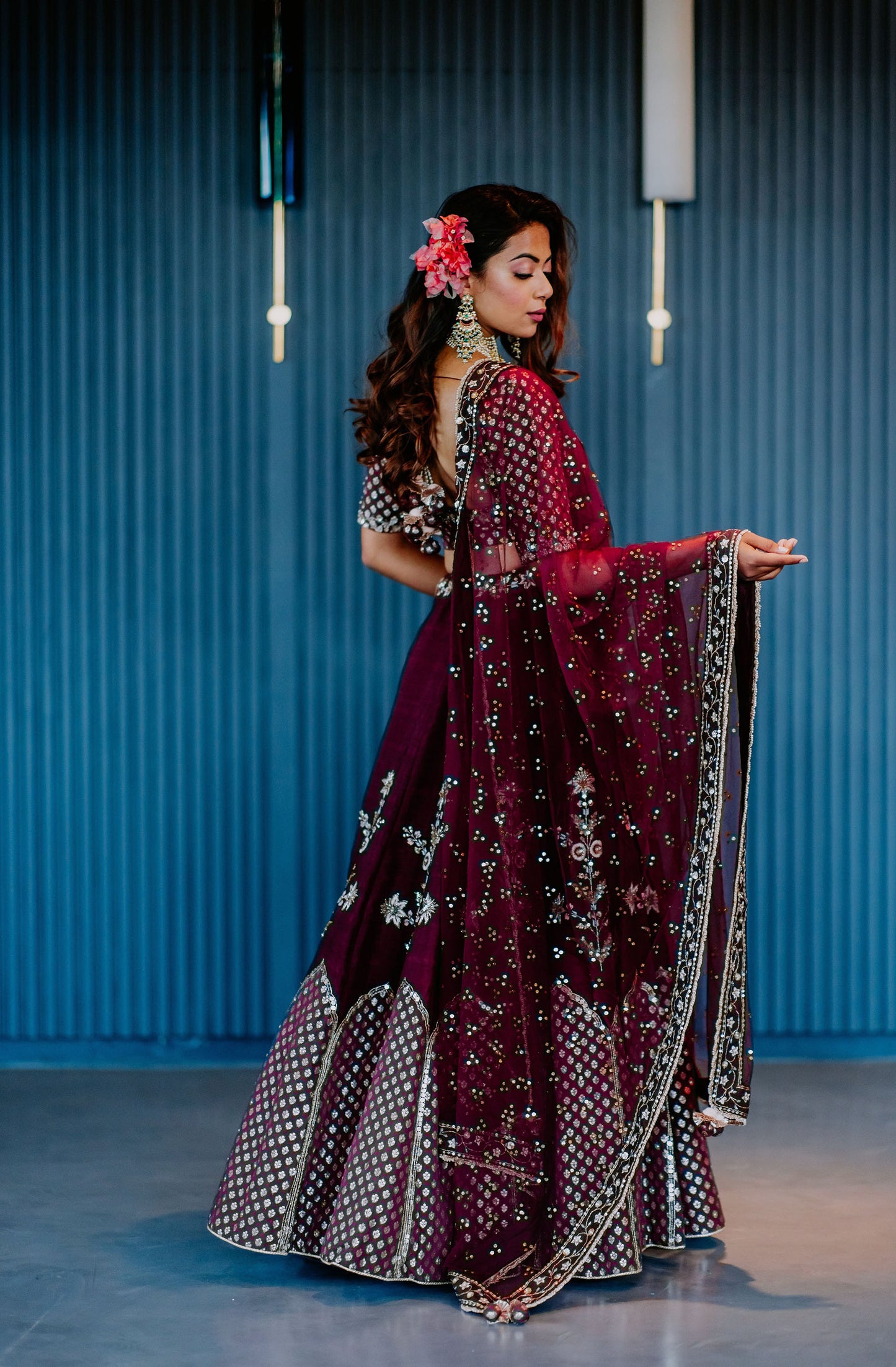 Plum Silk Banarasi Embroidered Lehenga Set