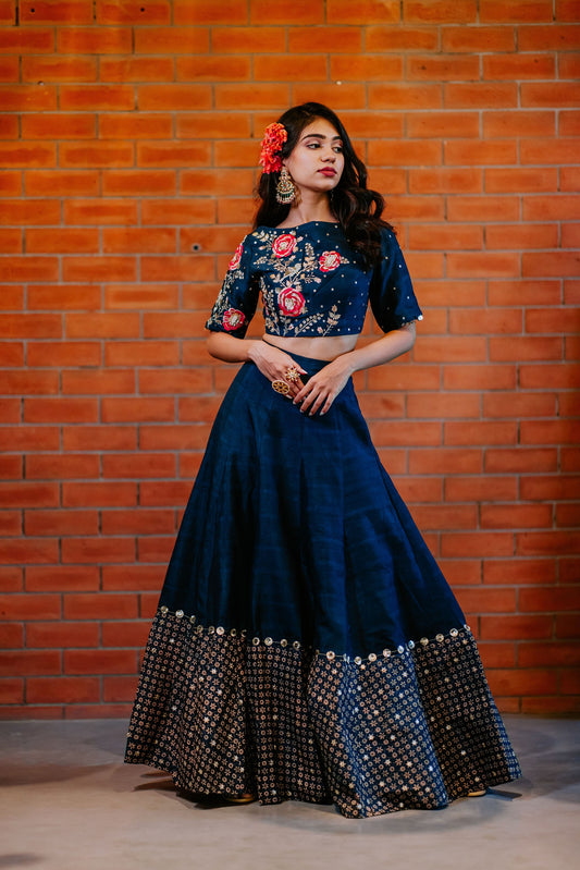 Indigo Silk Embroidered Crop Top Skirt Set