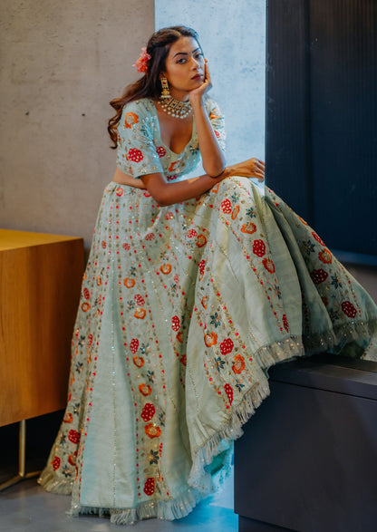 Aqua Silk Floral Embroidered Lehenga Set