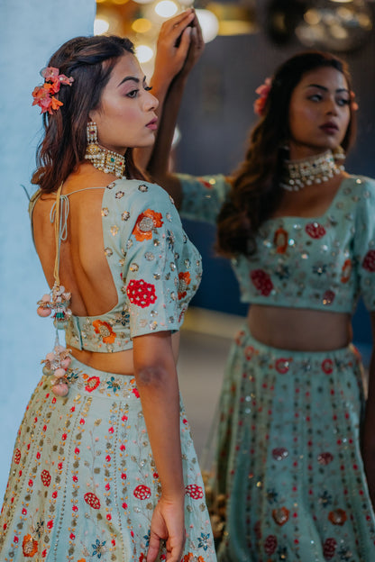 Aqua Silk Floral Embroidered Lehenga Set