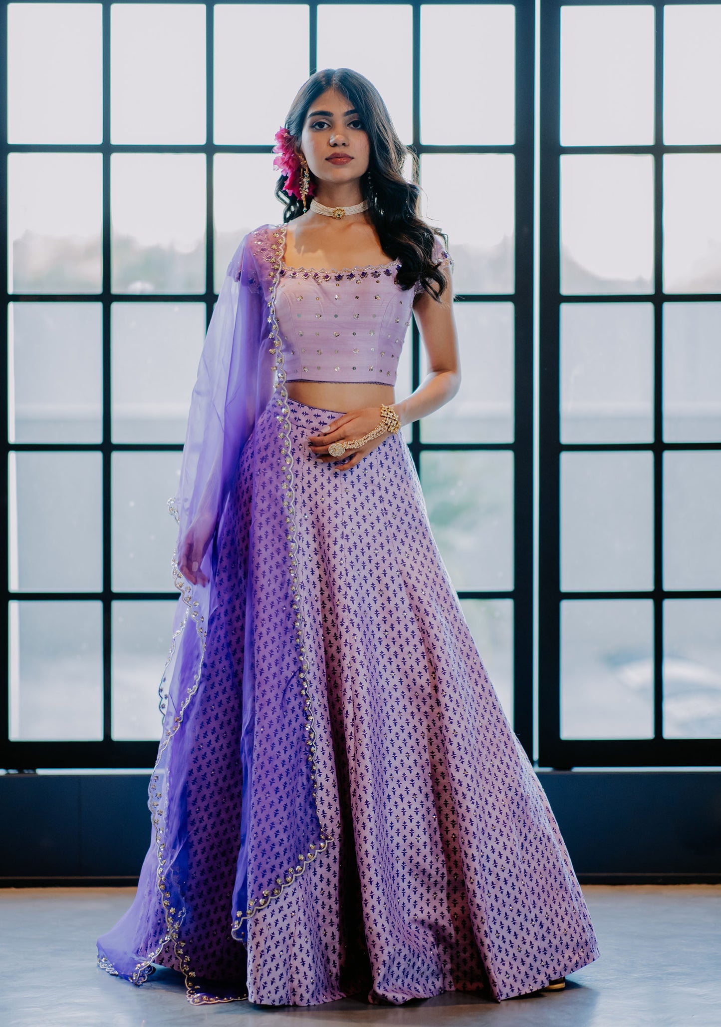 Lilac Silk Printed & Embroidered Lehenga Set