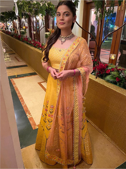 Srishti Dixit In Mustard Silk Embroidered Lehenga Set