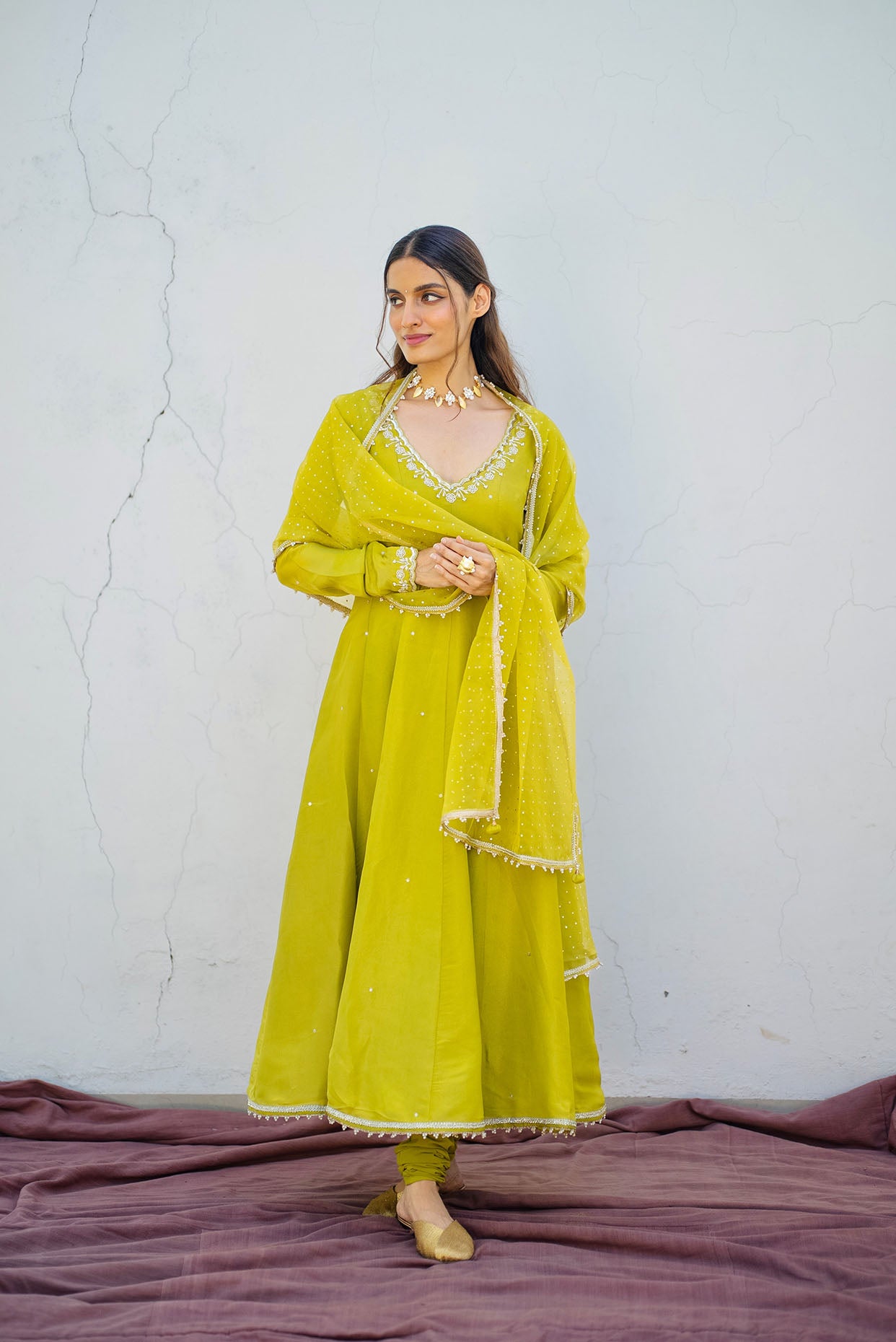 Lime Green Tissue Embroidered Anarkali Set