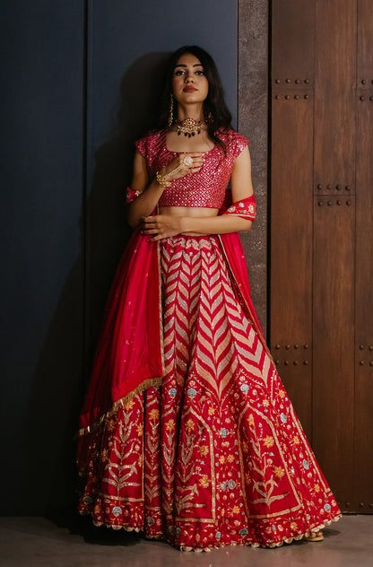 Hot Pink Silk Embroidered Bridal Lehenga Set