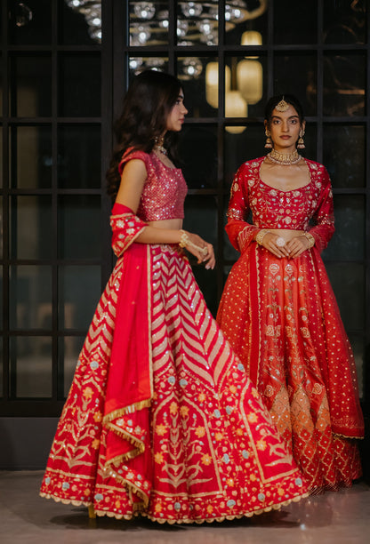 Hot Pink Silk Embroidered Bridal Lehenga Set