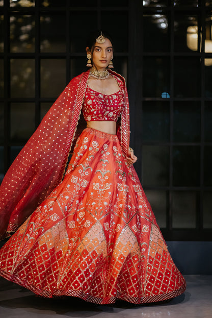 Crimson Silk Embroidered Ombre Lehenga Set