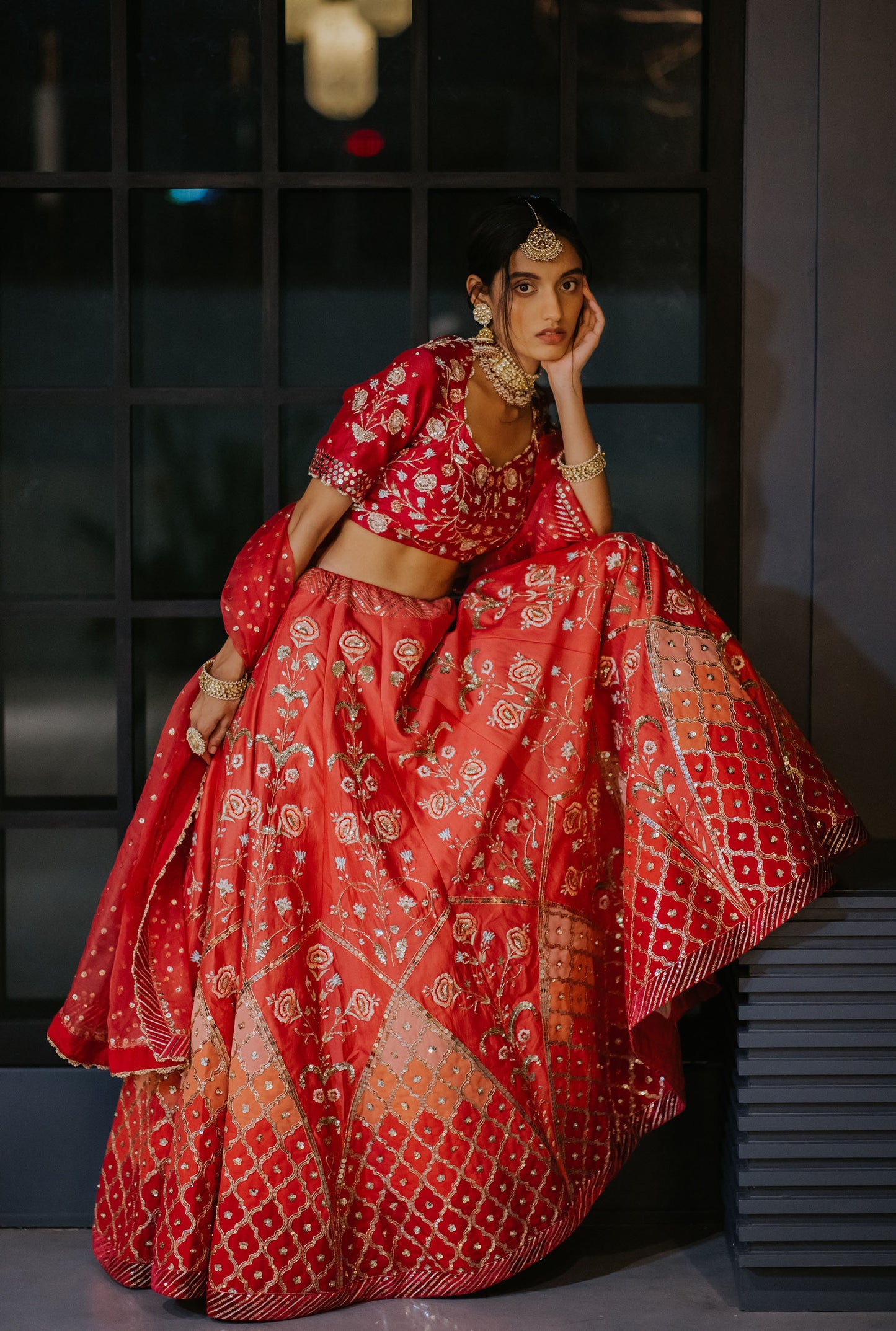 Crimson Silk Embroidered Ombre Lehenga Set