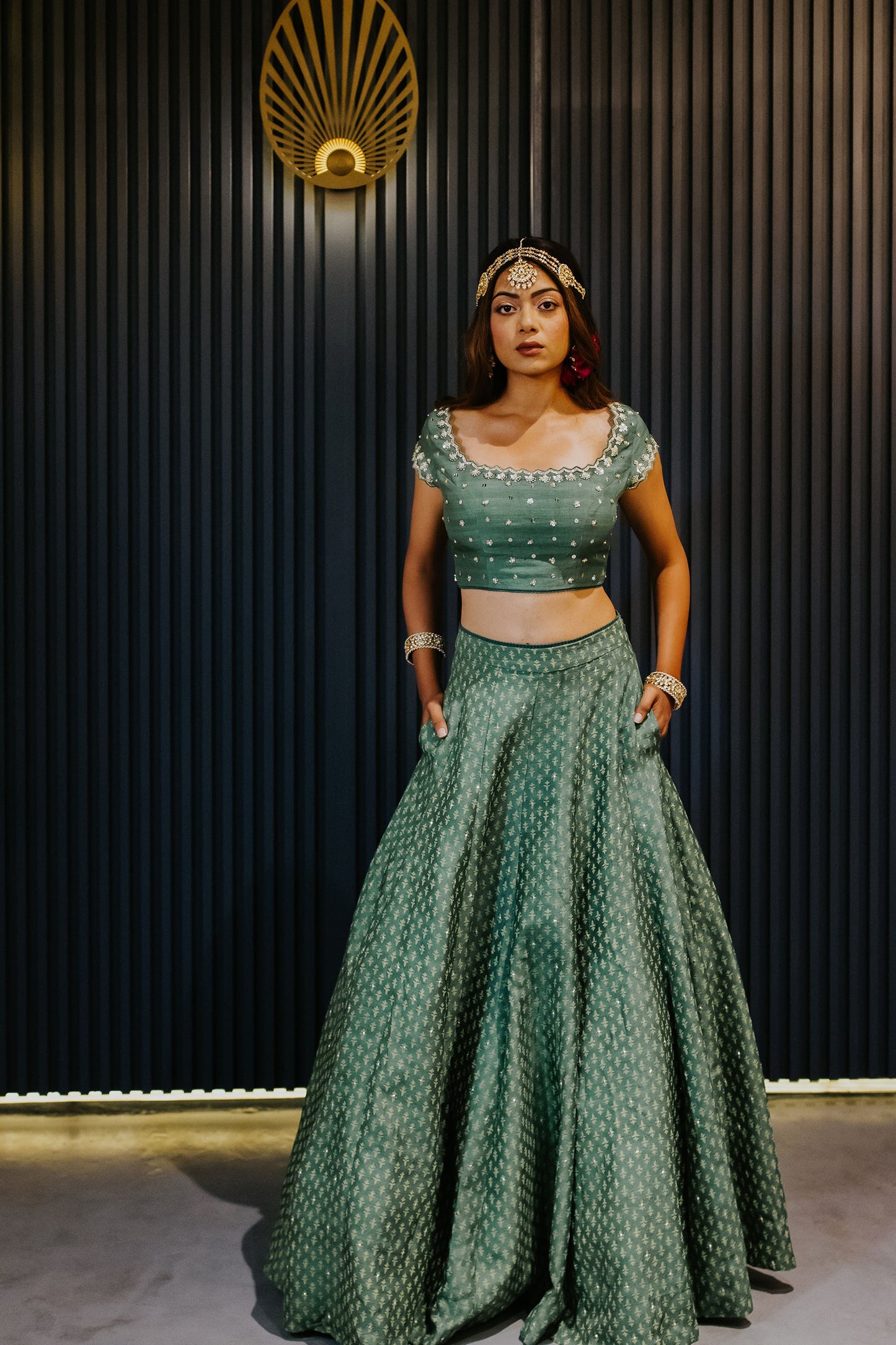 Green Silk Printed & Embroidered Lehenga Set