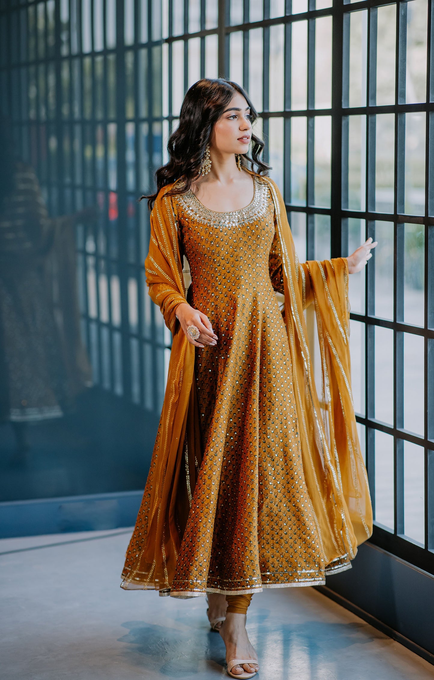 Caramel Printed And Embroidered Anarkali Set