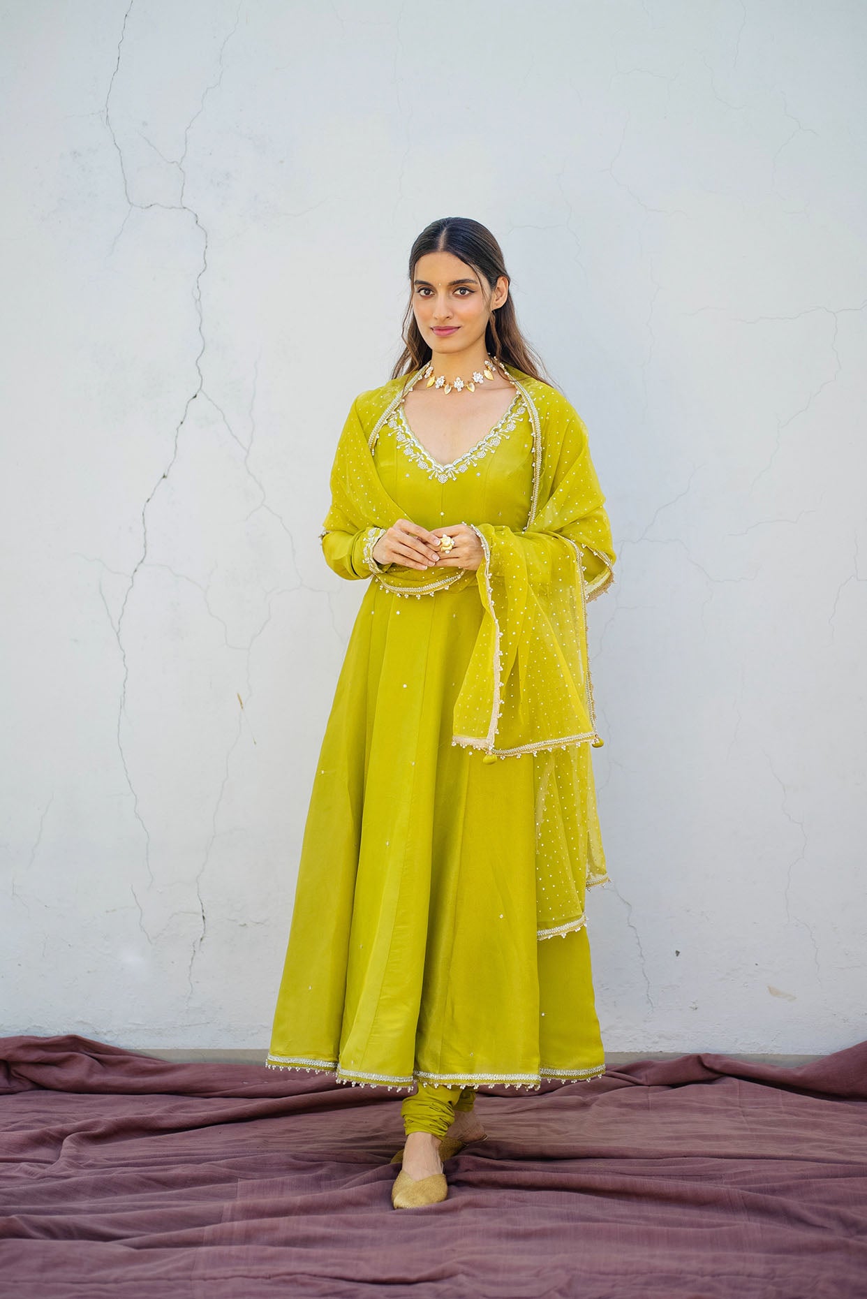 Lime Green Tissue Embroidered Anarkali Set