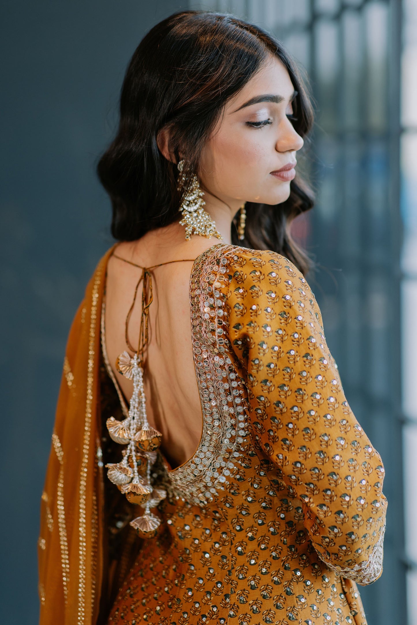 Caramel Printed And Embroidered Anarkali Set