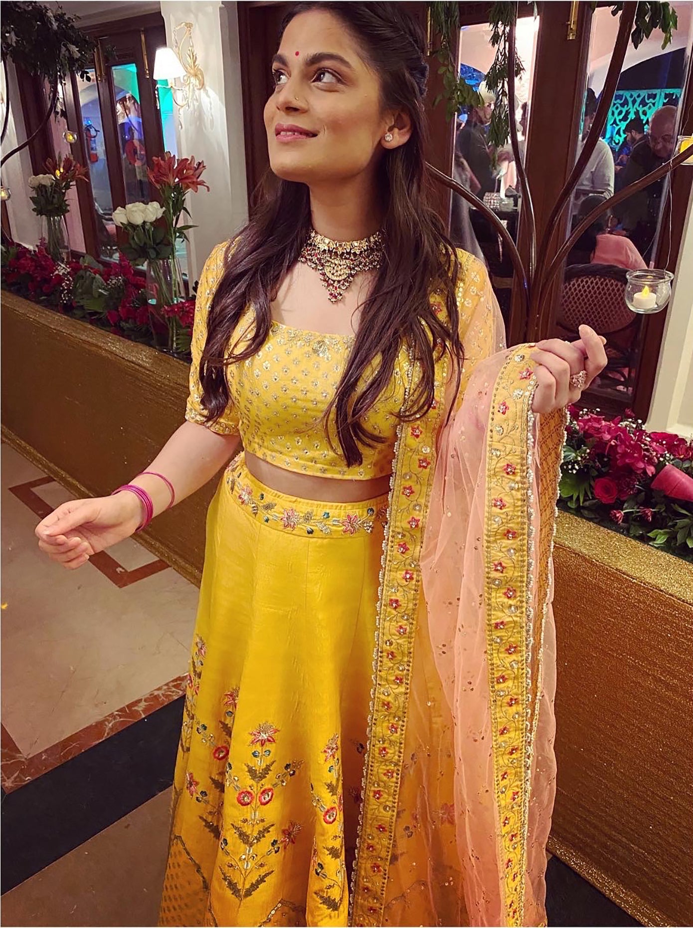 Srishti Dixit In Mustard Silk Embroidered Lehenga Set