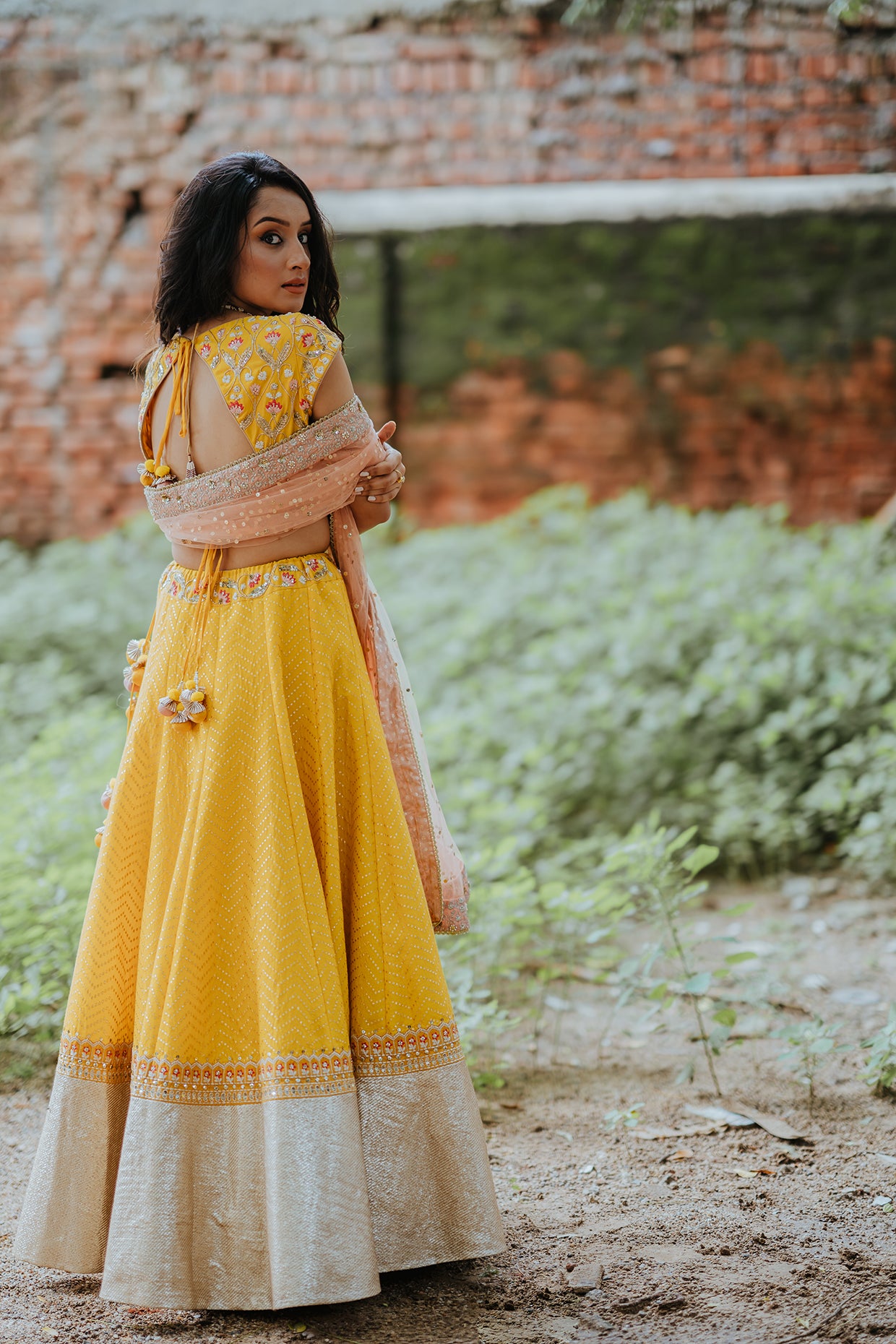 Mustard Banarasi Embroidered Lehenga Set