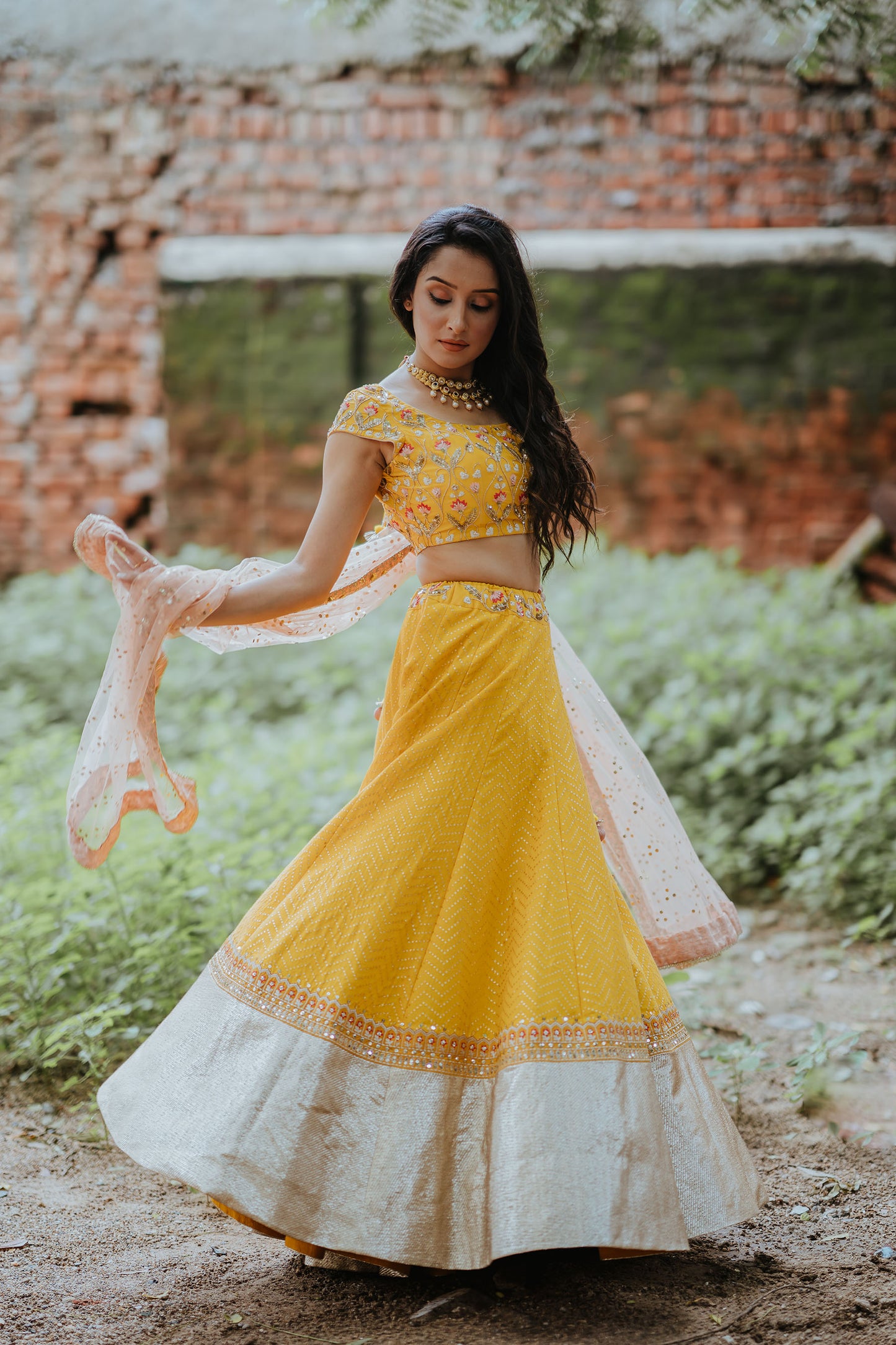 Mustard Banarasi Embroidered Lehenga Set