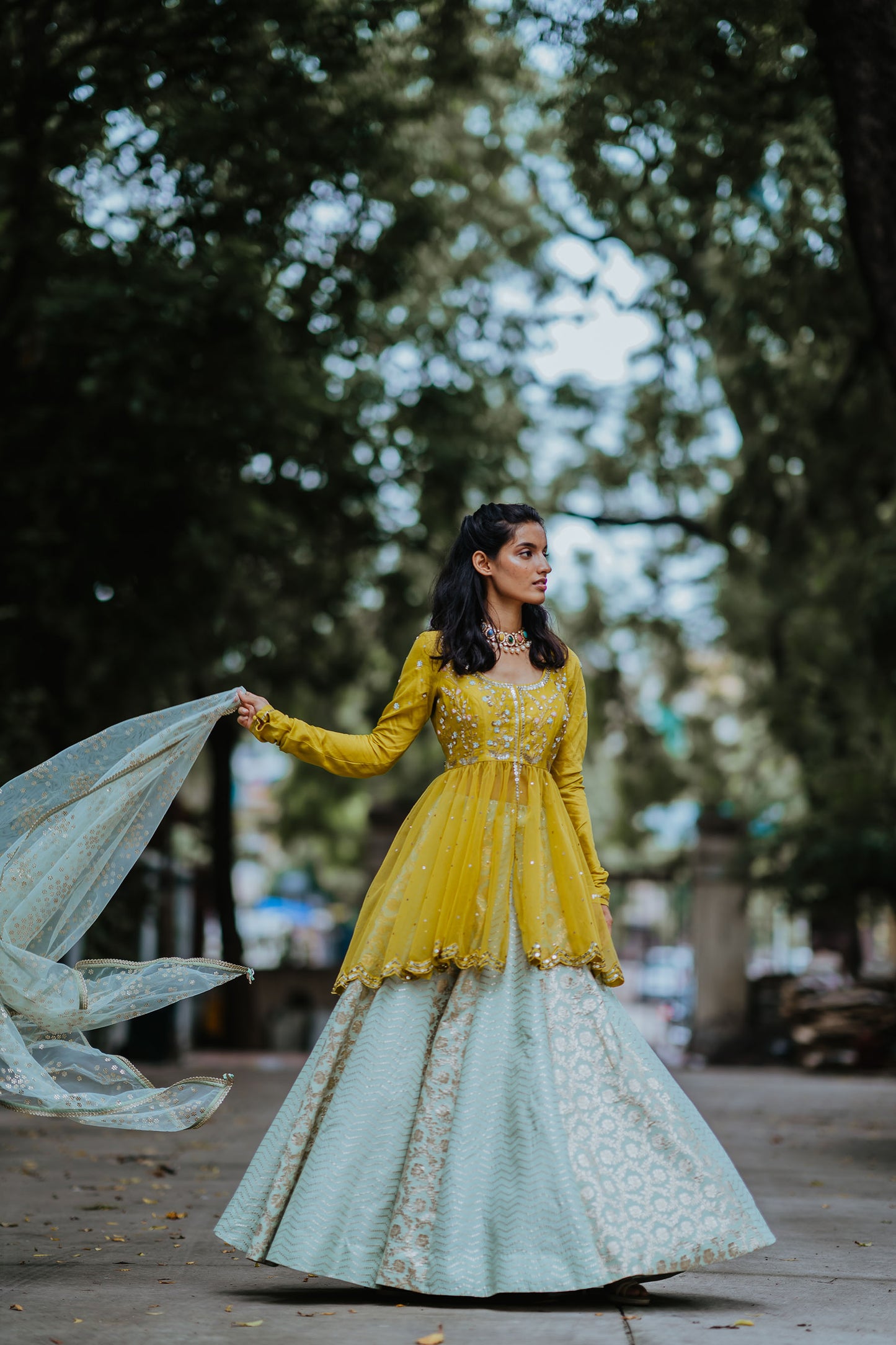 Moss Green Embroidered Peplum Lehenga Set