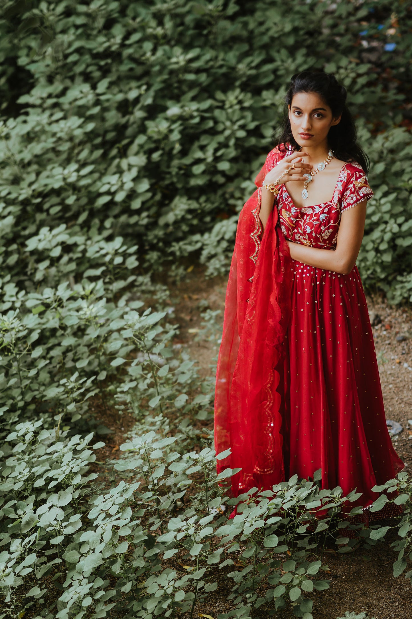 Cherry Red Silk Embroidered Anarkali Set