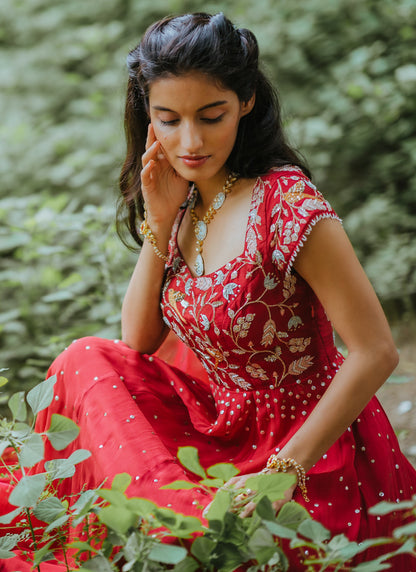 Cherry Red Silk Embroidered Anarkali Set