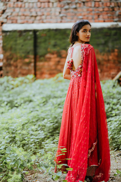 Cherry Red Silk Embroidered Anarkali Set