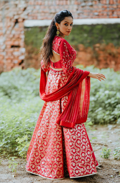 Red Banarasi Concept Embroidered Lehenga Set