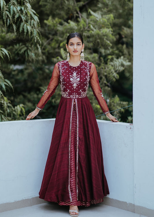 Wine Silk Embroidered Anarkali Set