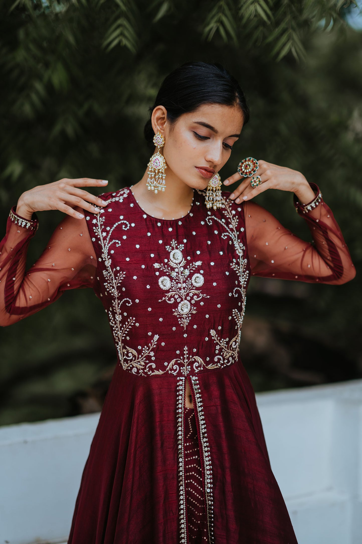 Wine Silk Embroidered Anarkali Set