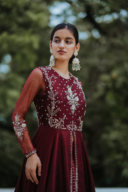 Wine Silk Embroidered Anarkali Set