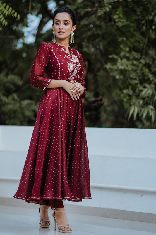 Wine Chanderi Silk Flared Kurta Set