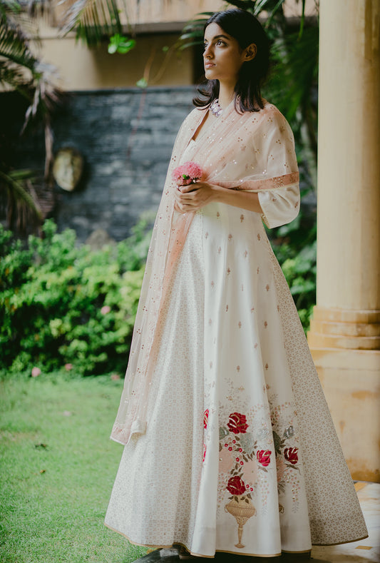 Ivory Chanderi Gulaab Embroidered Anarkali Set