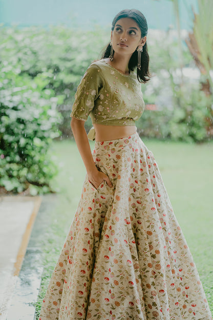 Sage Green Printed & Embroidered Lehenga Set