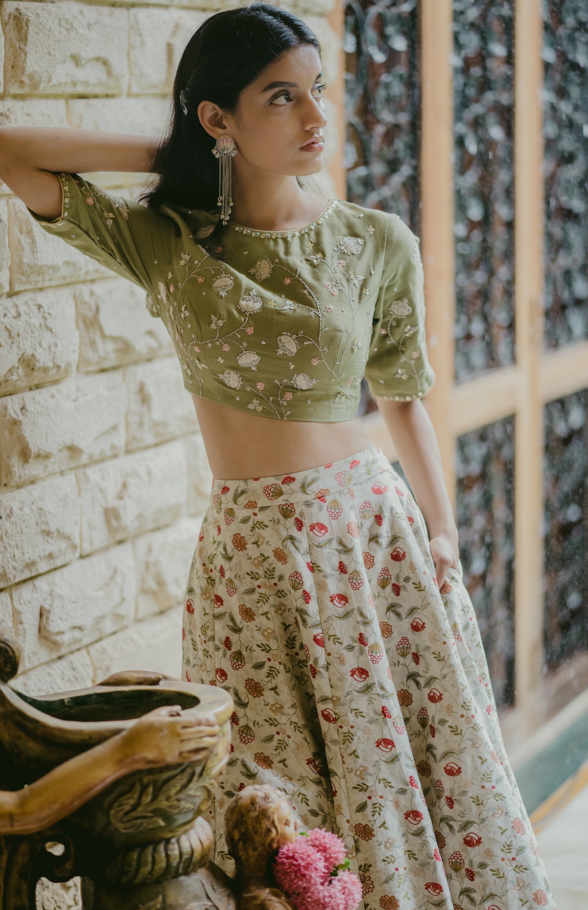 Sage Green Printed & Embroidered Lehenga Set