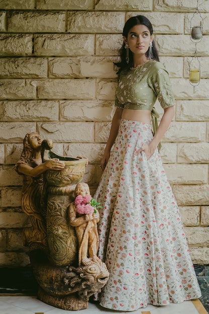 Sage Green Printed & Embroidered Lehenga Set